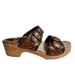 Scandic Clog Style Women's Bronze Wooden Leather Sandals